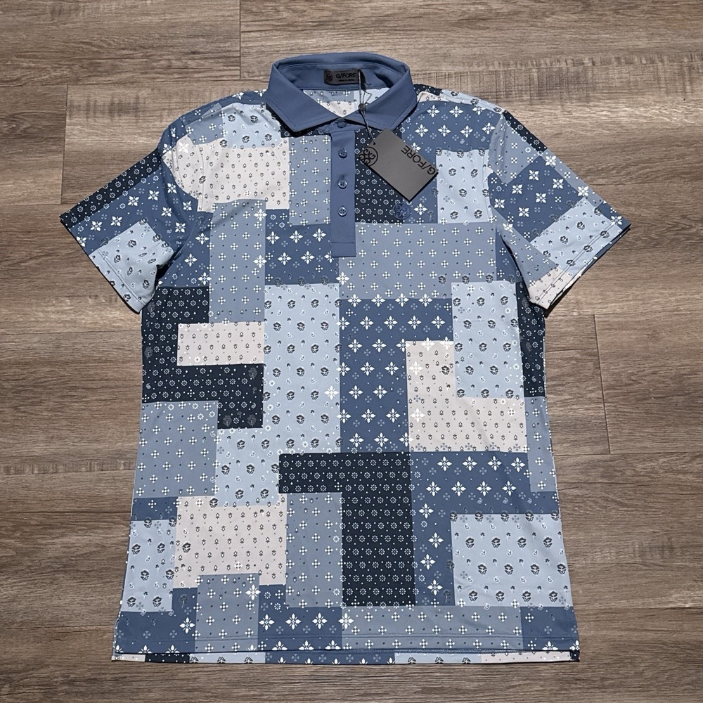 NEW G/Fore Men's Size Medium Blue Paisley Boro Patch Tech Pique Golf Polo M